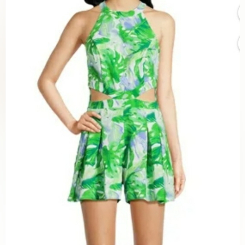 MADDEN NYC Green and Blue Tropical Leaf Print Halter Cut Out Romper- Size Large